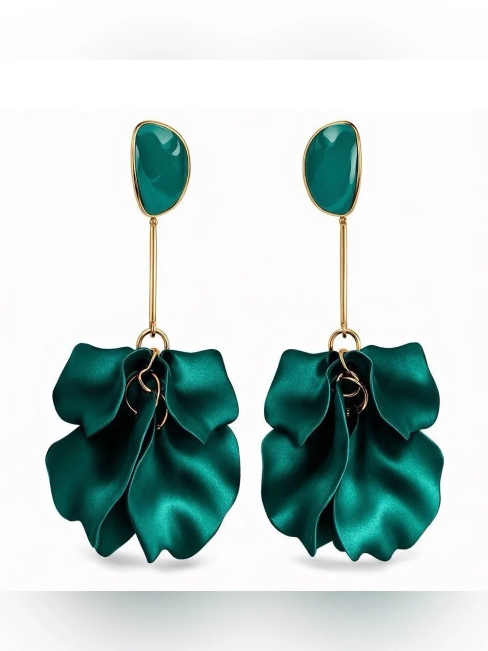 Zara Rare Statement Earrings Emerald Green Floral Satin Gold Tone NWOT